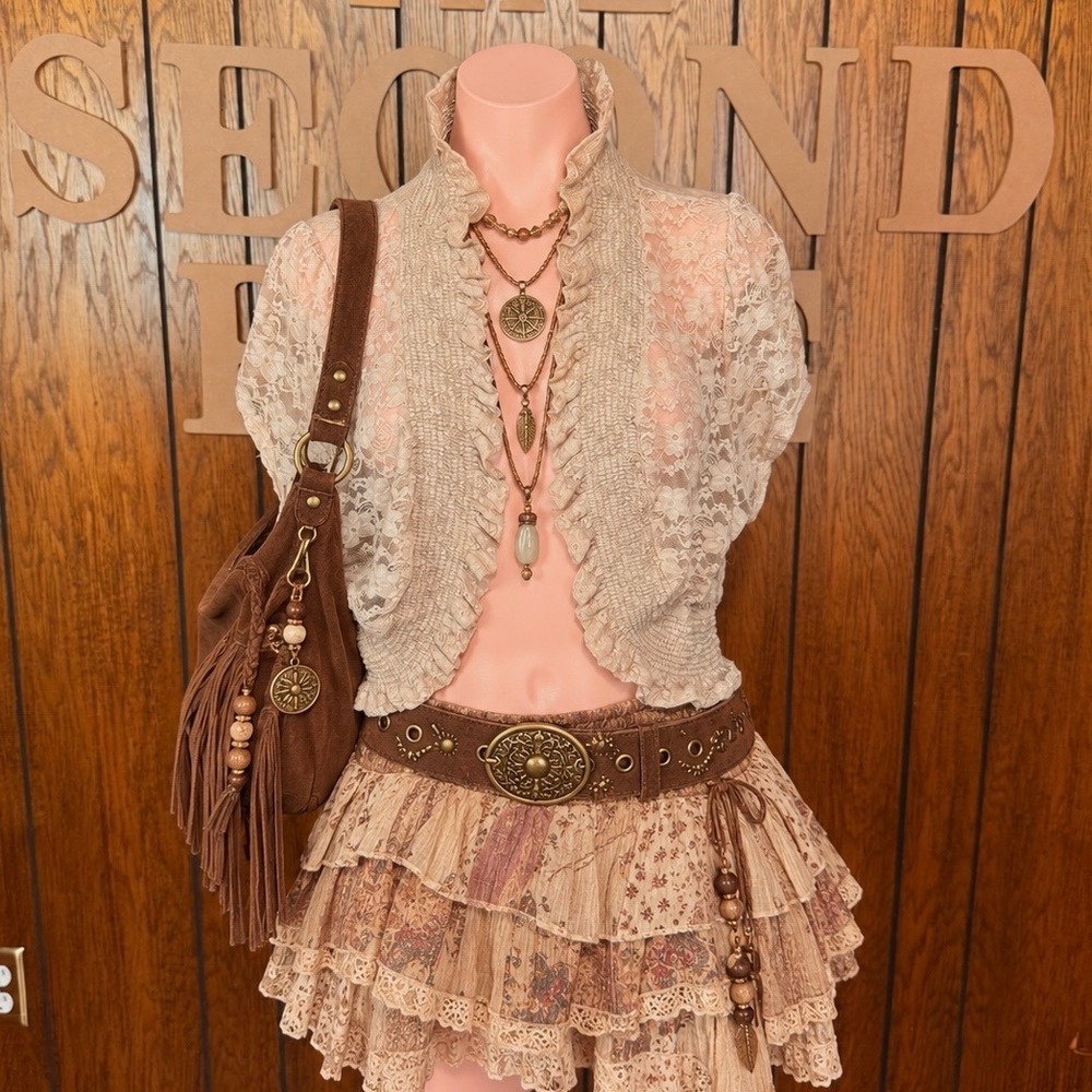 Tan Floral Lace Bolero Shrug Caren Sport Women L Ruffle Trim Y2K Coquette Boho
